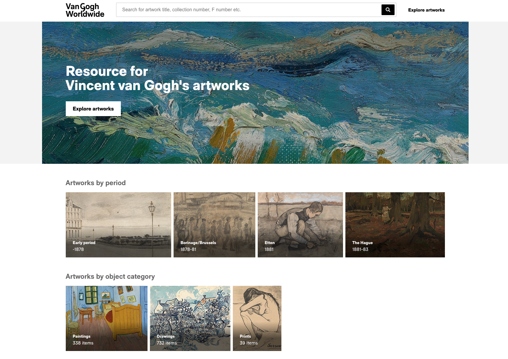 Screenshot van homepage van Van Gogh Worldwide