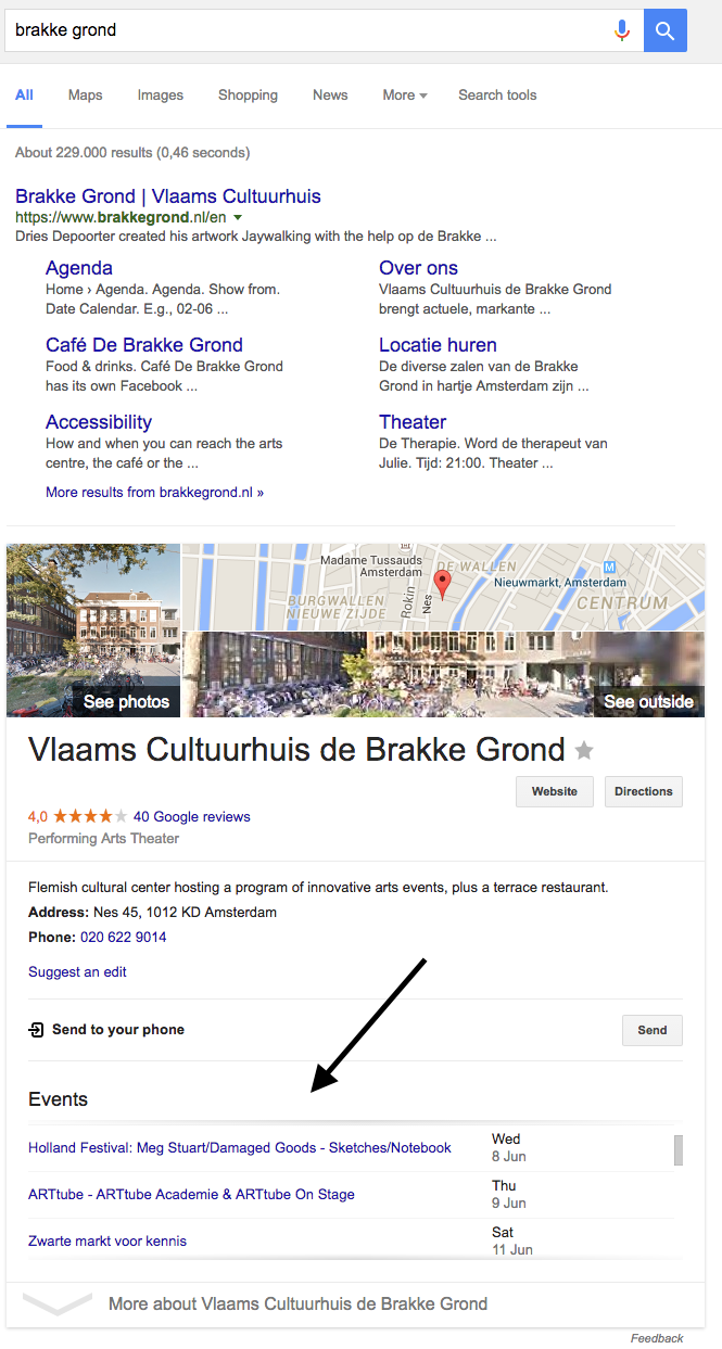 Een voorbeeld van hoe de schema.org implementatie van Brakke Grond er op Google uitziet