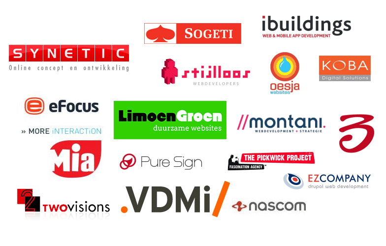 Diverse rode logo's van Drupal bedrijven